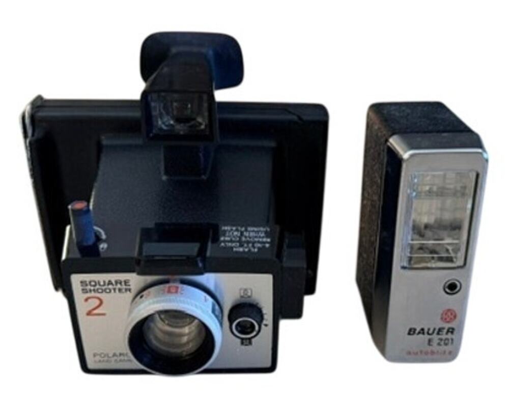 Vintage Polaroid Square Shooter 2 instant camera with Bauer E201 Ultrablitz